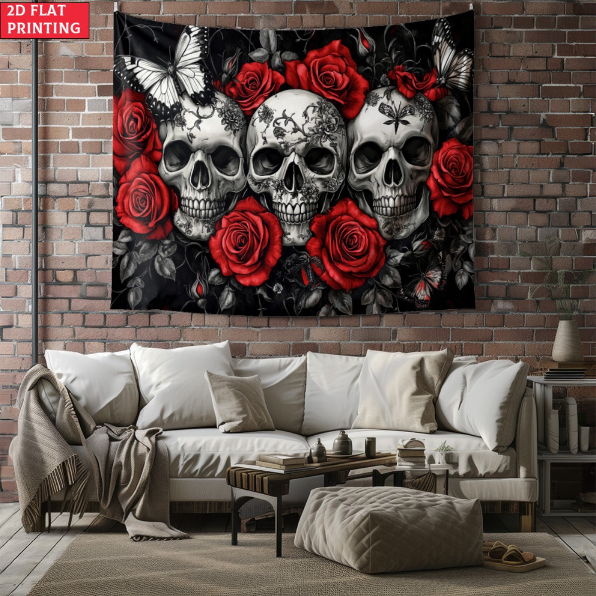 Interior Design Modern - Tapiz gótico de calavera y rosas